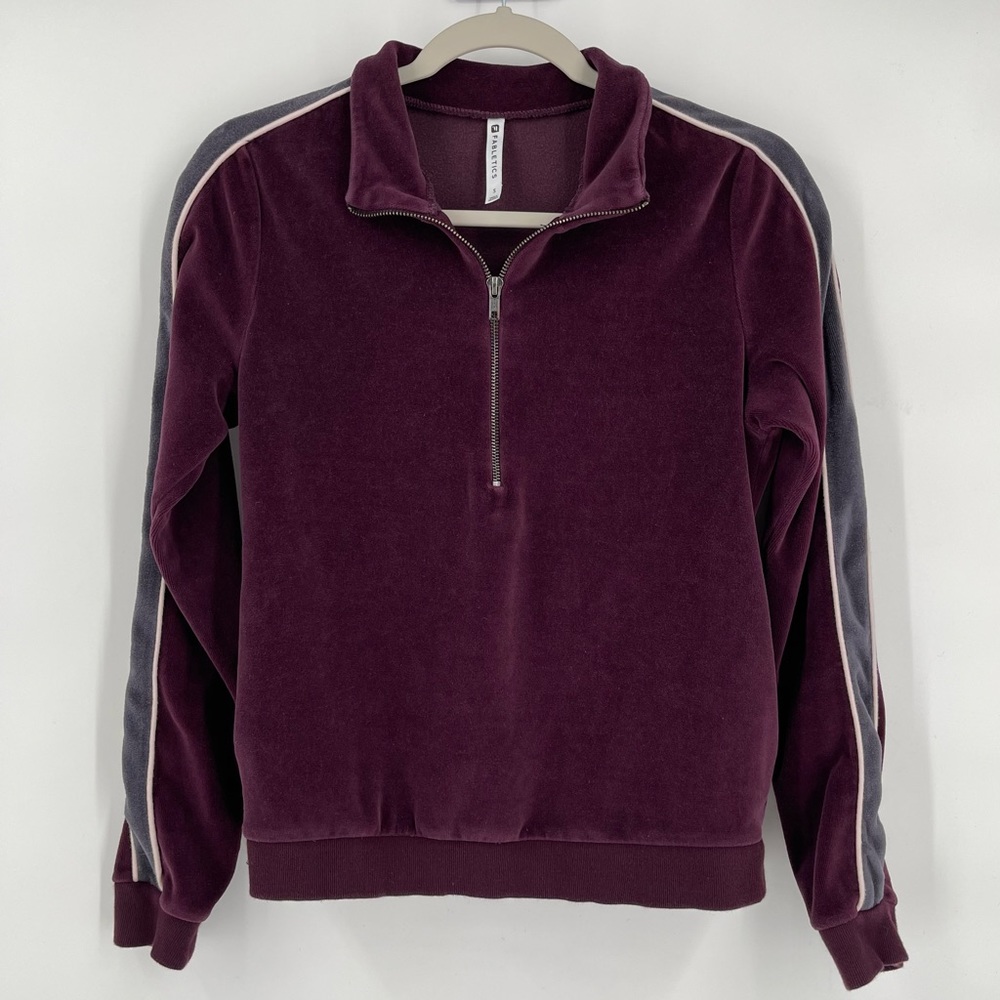 Fabletics Purple Velour 1/4 Zip Pullover Stripe Sleeves Women’s Size Small